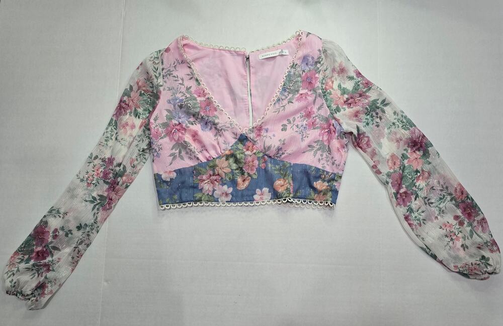 Altar'd State Floral Puff Sleeve Crop Top XL Pink Blue Cottagecore Blouse
